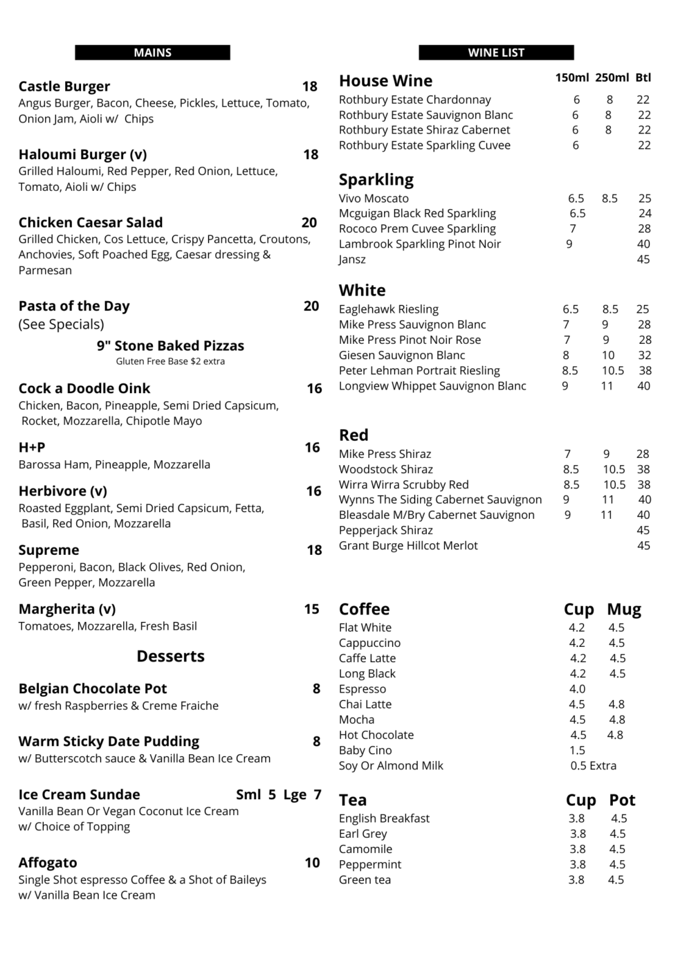 Menu | The Castle Tavern